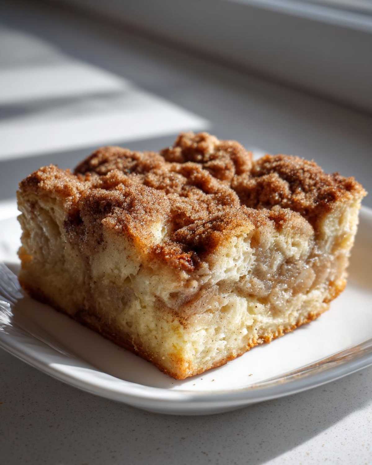 A square piece of baked french toast with a thick, crumbly cinnamon streusel topping served on a white plate.