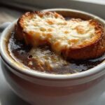 Close-up of a white crock filled with rich french onion soup topped with a thick, bubbly layer of melted cheese over toasted bread.