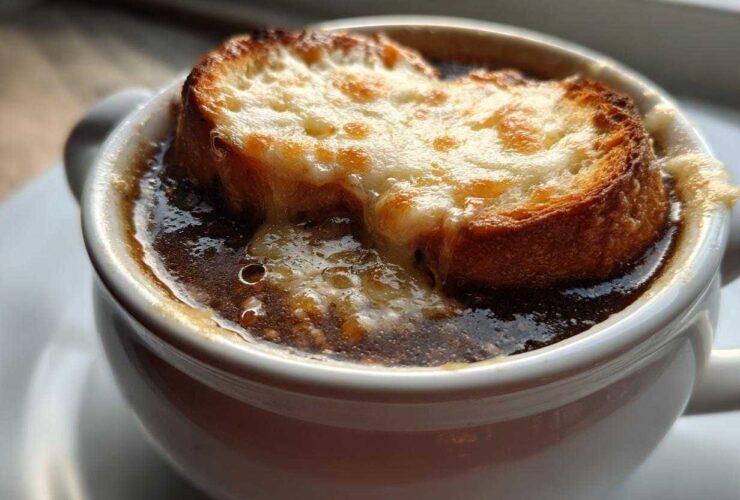 Close-up of a white crock filled with rich french onion soup topped with a thick, bubbly layer of melted cheese over toasted bread.