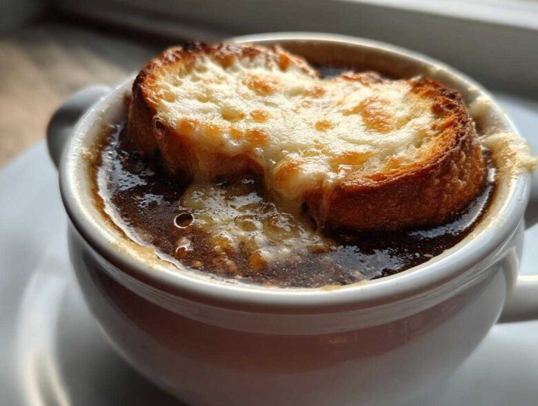 Close-up of a white crock filled with rich french onion soup topped with a thick, bubbly layer of melted cheese over toasted bread.