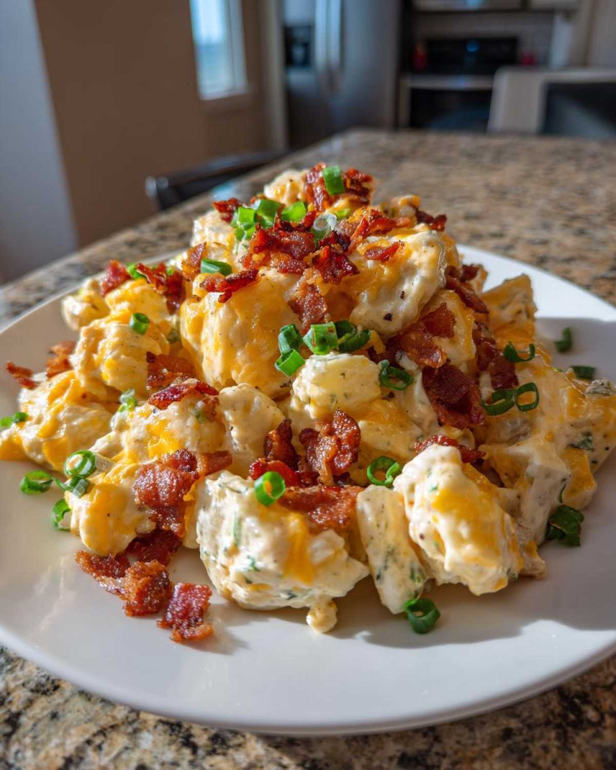 A close-up of creamy baked potato salad topped with melted cheddar cheese, crispy bacon bits, and fresh green onions.