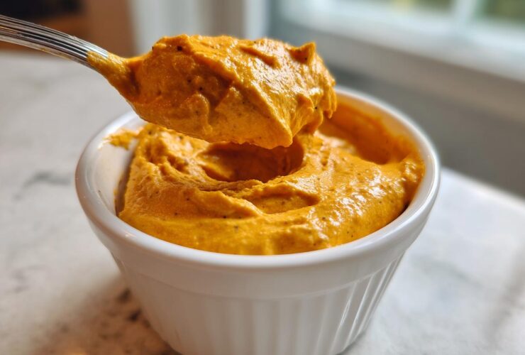 A silver spoon lifting a thick scoop of bright orange beer cheese dip from a white ramekin.