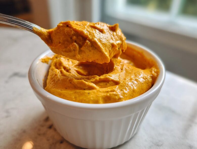 A silver spoon lifting a thick scoop of bright orange beer cheese dip from a white ramekin.