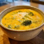 Close-up of a warm bowl of rich, orange broccoli cheddar soup with visible florets.
