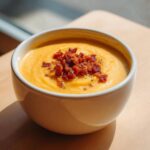 A close-up of creamy, orange-hued cauliflower soup in a white bowl, topped generously with crumbled bacon bits.