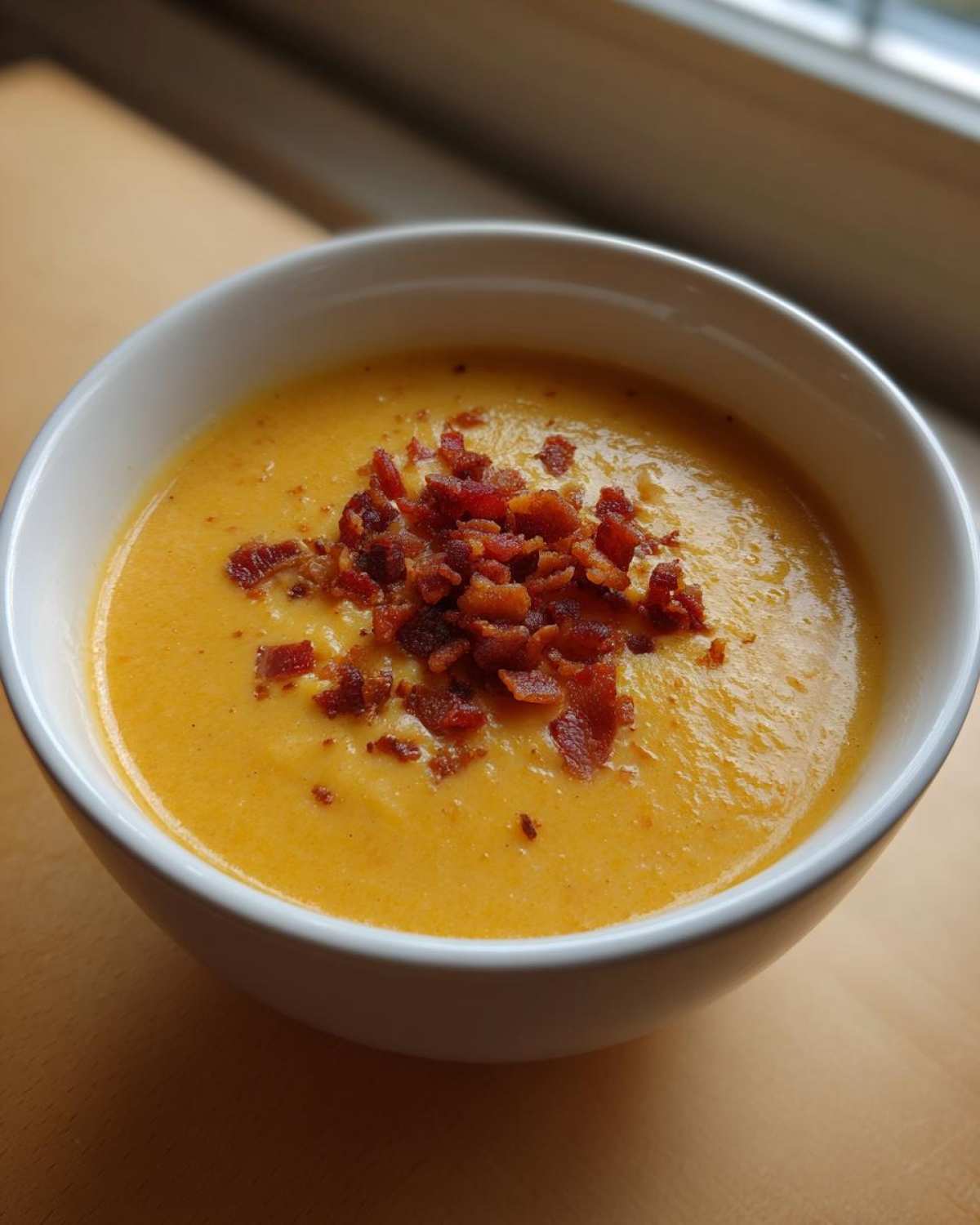 Close-up of a bowl of creamy, orange-hued cauliflower soup topped generously with crispy bacon pieces.