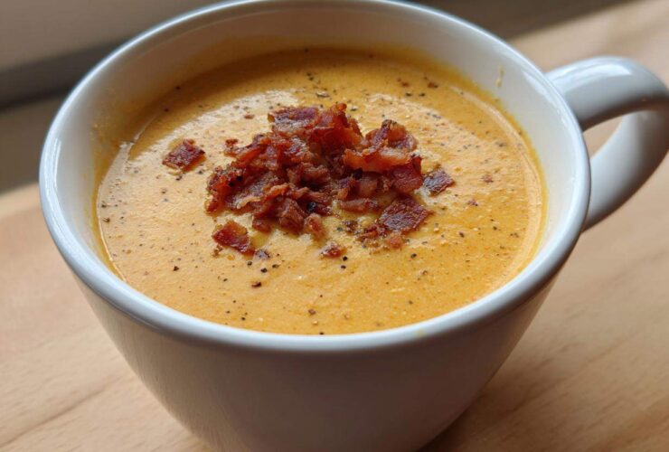 Close-up of creamy, orange-hued cauliflower soup topped generously with crispy bacon bits and black pepper in a white mug.