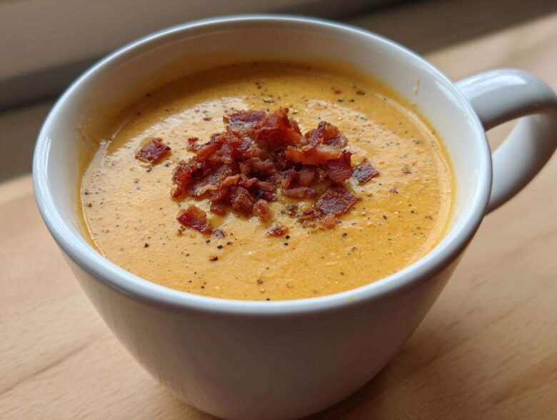 Close-up of creamy, orange-hued cauliflower soup topped generously with crispy bacon bits and black pepper in a white mug.