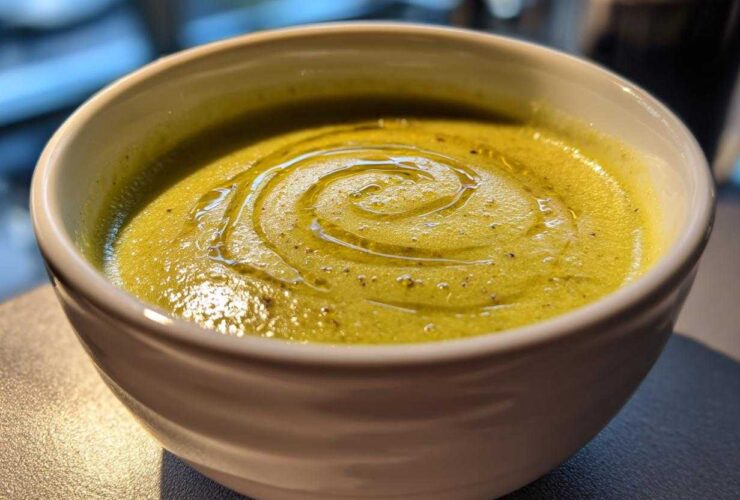 Close-up of a bowl of vibrant green, creamy celery soup, drizzled with a swirl of olive oil.