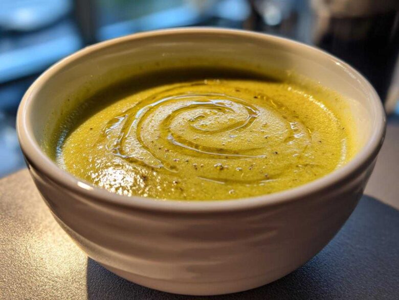 Close-up of a bowl of vibrant green, creamy celery soup, drizzled with a swirl of olive oil.