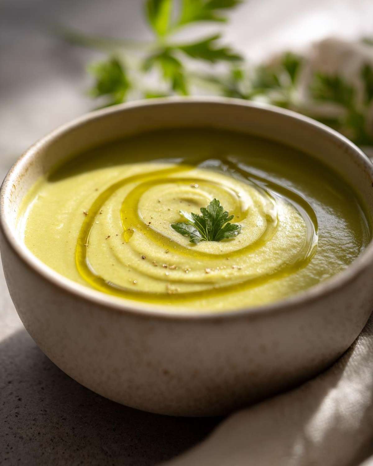 Close-up of a bowl of creamy, light green celery soup, garnished with an olive oil swirl and parsley.