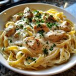 Close-up of a bowl of rich chicken alfredo pasta with fettuccine noodles and chunks of chicken, topped with parsley.
