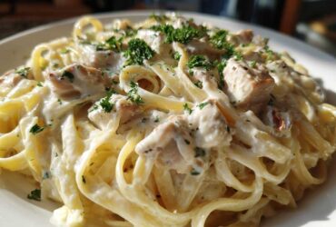 Close-up of rich, creamy chicken alfredo pasta tossed with fettuccine and topped with fresh parsley.