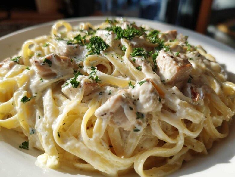 Close-up of rich, creamy chicken alfredo pasta tossed with fettuccine and topped with fresh parsley.