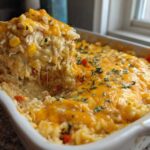 A spoonful of creamy chicken and rice casserole being lifted from a white baking dish, showing melted cheese.