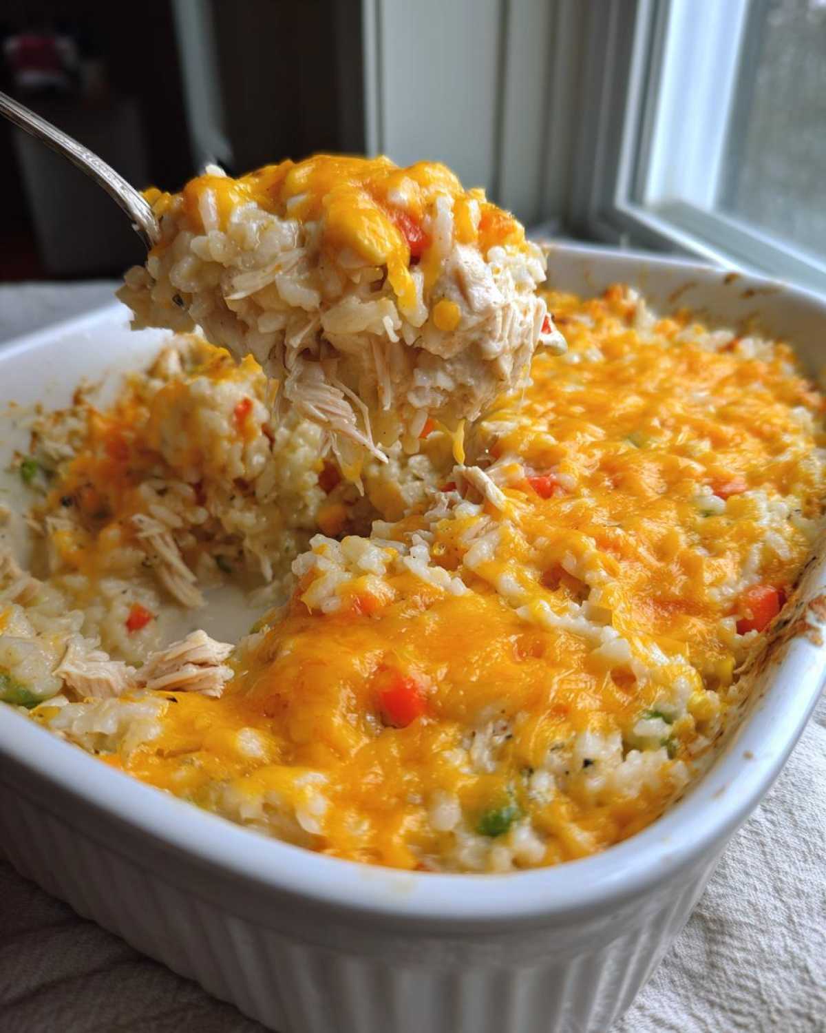 A spoonful of creamy chicken and rice casserole topped with melted cheddar cheese being lifted from the baking dish.