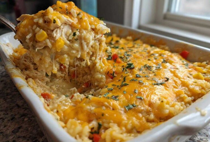 A spoonful of creamy chicken and rice casserole being lifted from a white baking dish, showing melted cheese.