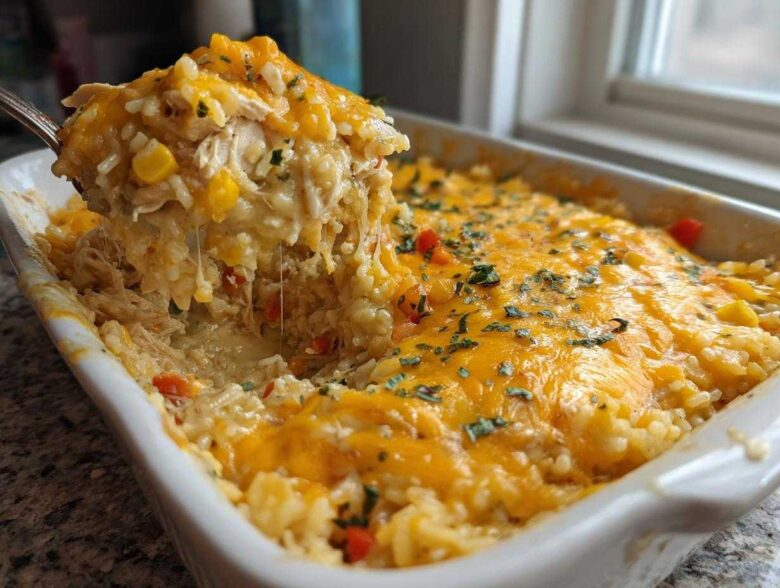 A spoonful of creamy chicken and rice casserole being lifted from a white baking dish, showing melted cheese.