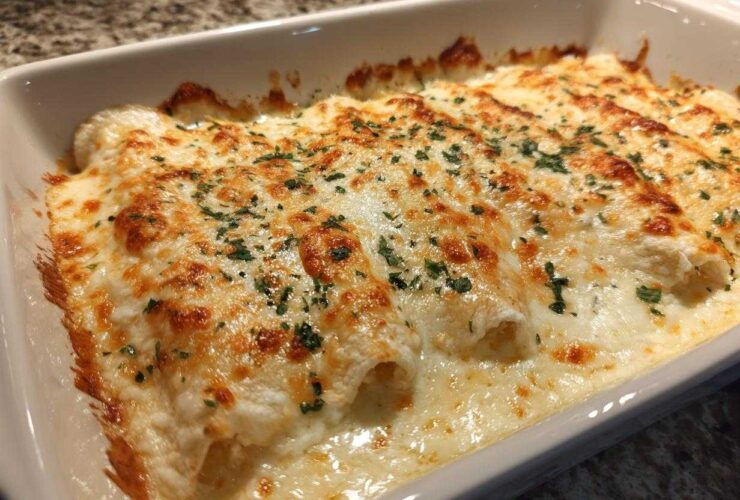 Close-up of baked creamy chicken enchiladas covered in melted, bubbly white cheese and garnished with parsley.