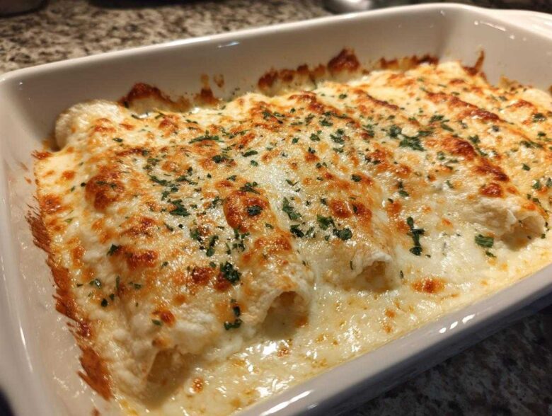 Close-up of baked creamy chicken enchiladas covered in melted, bubbly white cheese and garnished with parsley.