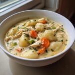 A close-up of creamy chicken gnocchi soup with carrots and celery, garnished with parsley.