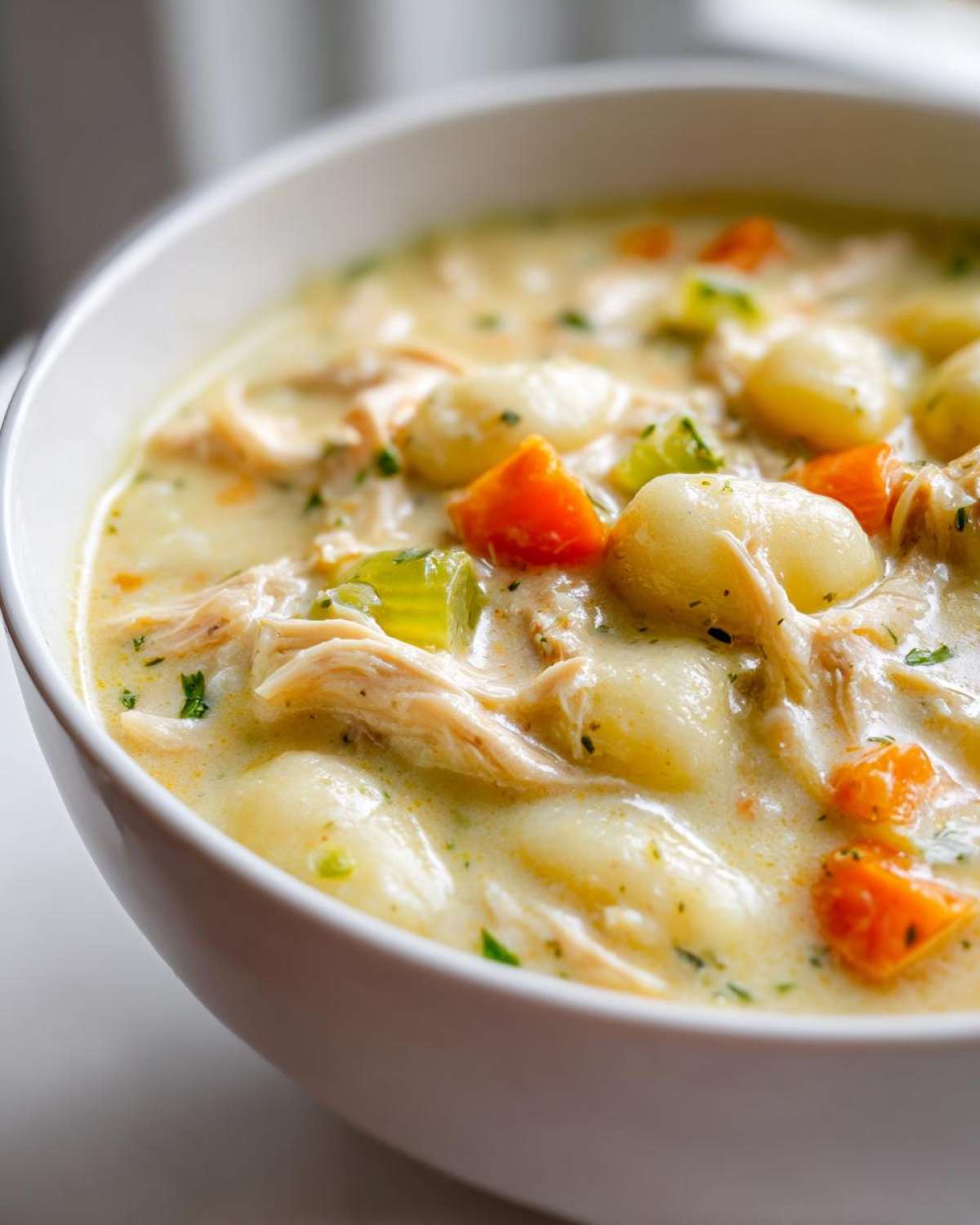 Close-up of a creamy chicken gnocchi soup featuring soft gnocchi, shredded chicken, carrots, and celery in a white bowl.