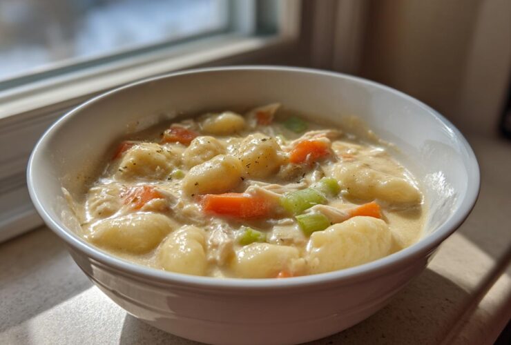 A close-up of a hearty bowl of creamy chicken gnocchi soup with carrots and celery, illuminated by window light.