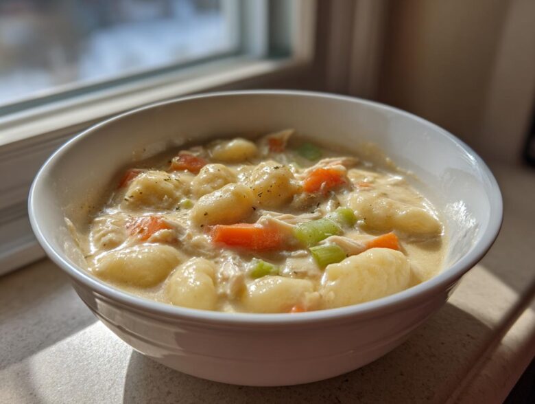 A close-up of a hearty bowl of creamy chicken gnocchi soup with carrots and celery, illuminated by window light.