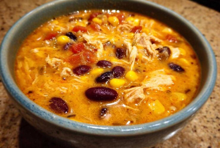 Close-up of a bowl of creamy chicken taco soup with shredded chicken, black beans, corn, and tomatoes.