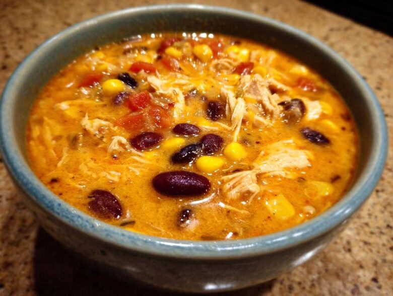 Close-up of a bowl of creamy chicken taco soup with shredded chicken, black beans, corn, and tomatoes.
