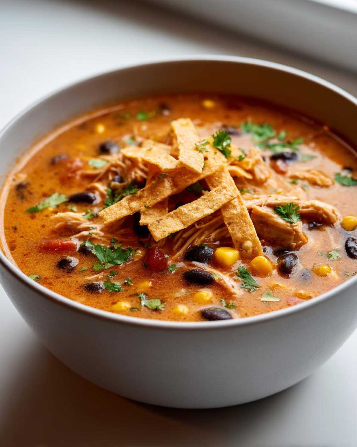 Close-up of a creamy chicken tortilla soup topped with tortilla strips, black beans, corn, and cilantro.