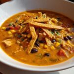 Close-up of a bowl of creamy chicken tortilla soup, topped with crispy tortilla strips, black beans, and corn.
