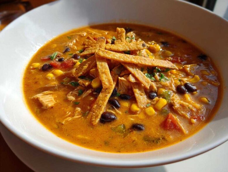 Close-up of a bowl of creamy chicken tortilla soup, topped with crispy tortilla strips, black beans, and corn.