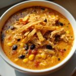 Close-up of a bowl of creamy chicken tortilla soup topped with shredded chicken, black beans, corn, and crispy tortilla strips.