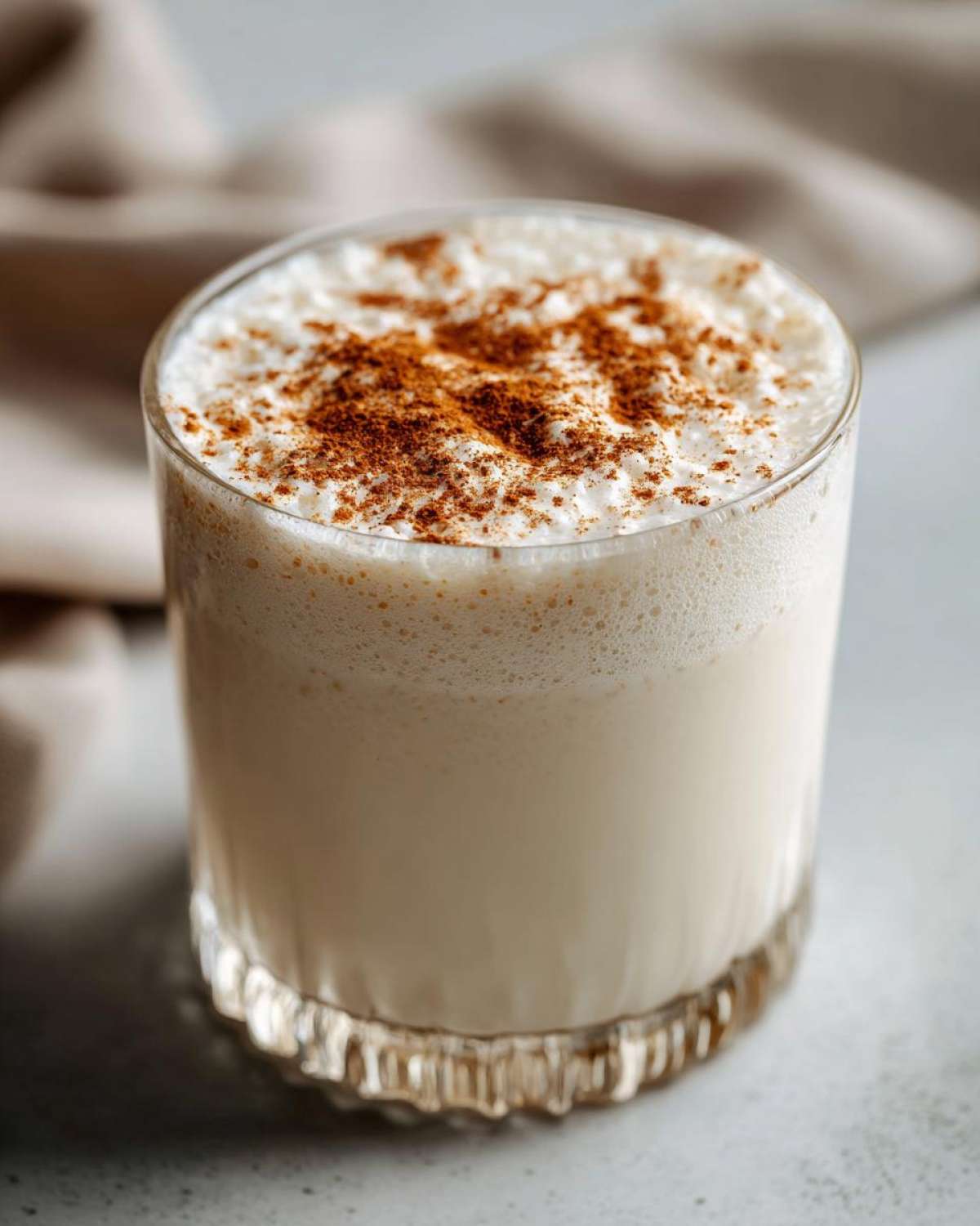 Close-up of a glass filled with creamy, frothy coquito, generously dusted with ground cinnamon on top.