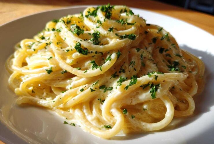 Close-up of a serving of Creamy Lemon Pasta coated in a rich sauce and sprinkled with fresh parsley.