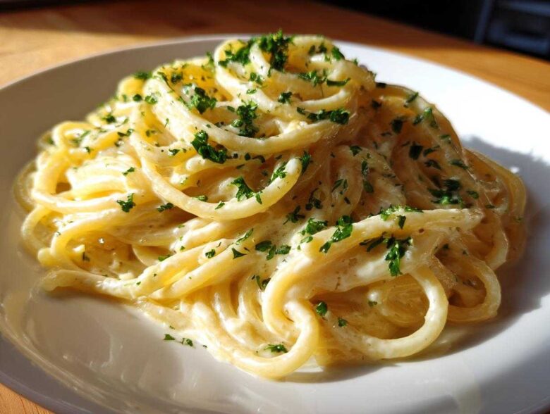 Close-up of a serving of Creamy Lemon Pasta coated in a rich sauce and sprinkled with fresh parsley.