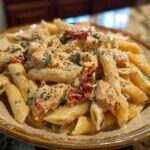 Close-up of a bowl of creamy Marry Me Chicken Pasta featuring penne, chicken pieces, and sun-dried tomatoes.