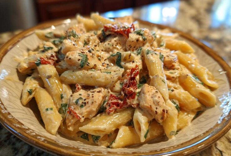 Close-up of a bowl of creamy Marry Me Chicken Pasta featuring penne, chicken pieces, and sun-dried tomatoes.