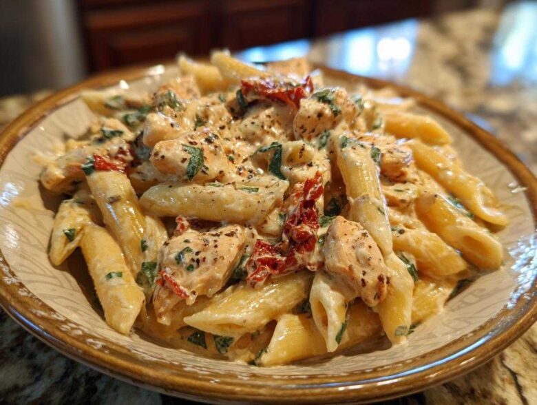 Close-up of a bowl of creamy Marry Me Chicken Pasta featuring penne, chicken pieces, and sun-dried tomatoes.