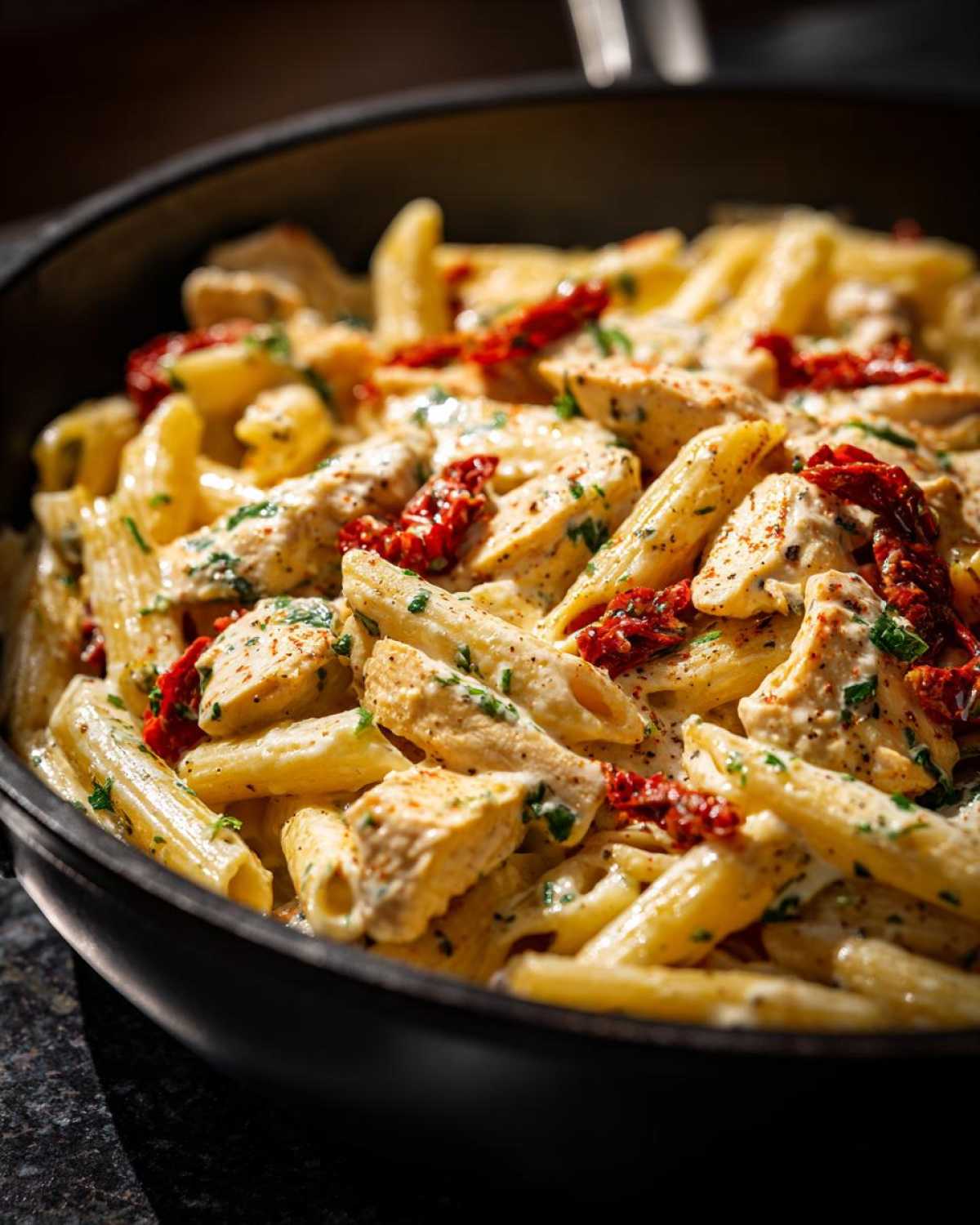 Close-up of creamy Marry Me Chicken Pasta with penne, chicken pieces, and sun-dried tomatoes in a dark skillet.