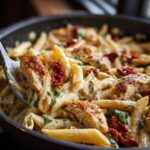 A spoonful of creamy Marry Me Chicken Pasta featuring penne, sliced chicken, and sun-dried tomatoes.