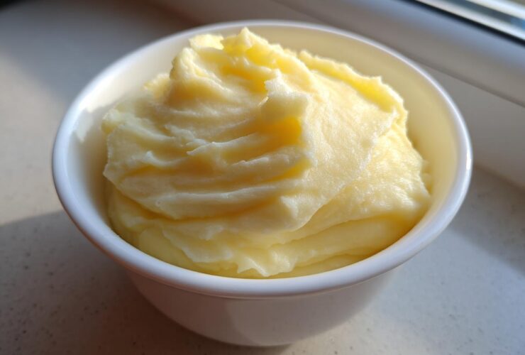 A small white bowl filled with fluffy, yellow creamy mashed potatoes, highlighted by natural sunlight.