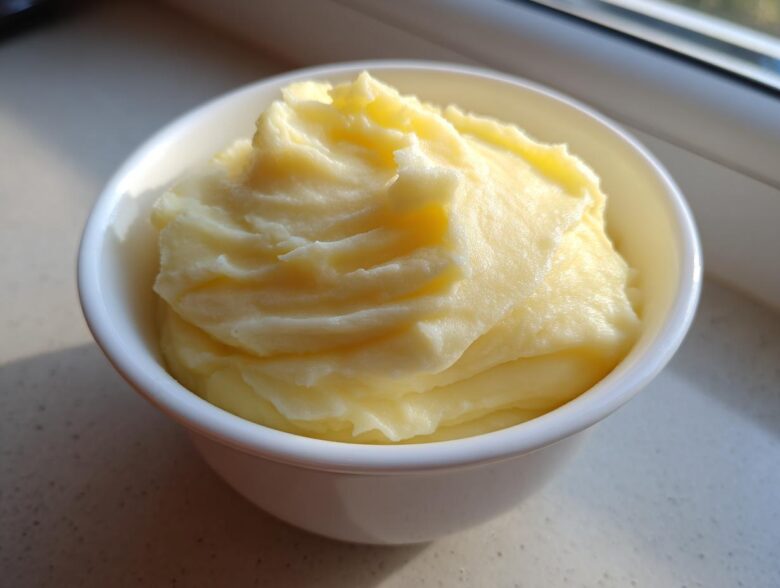 A small white bowl filled with fluffy, yellow creamy mashed potatoes, highlighted by natural sunlight.
