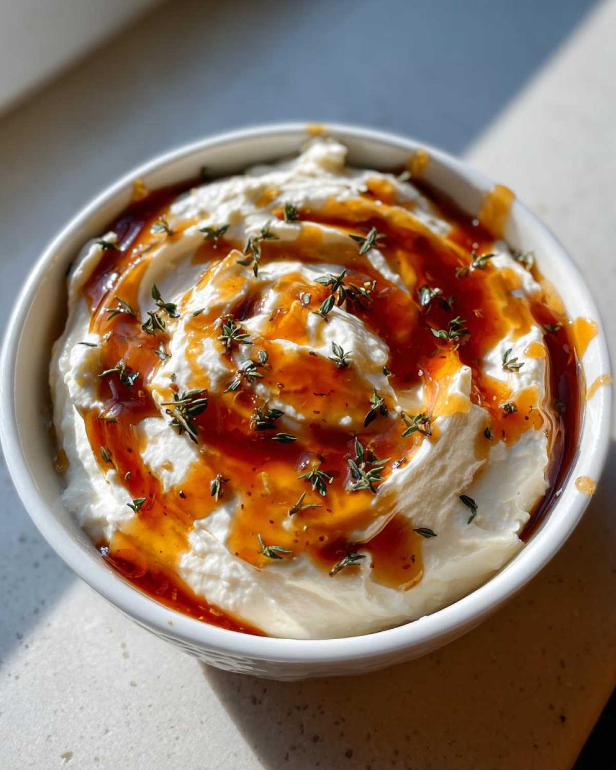 Close-up of a bowl of creamy ricotta dip drizzled with amber honey and fresh thyme leaves.