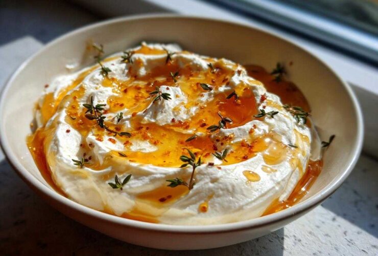 A close-up of a bowl filled with creamy ricotta dip drizzled generously with honey and garnished with fresh thyme sprigs.