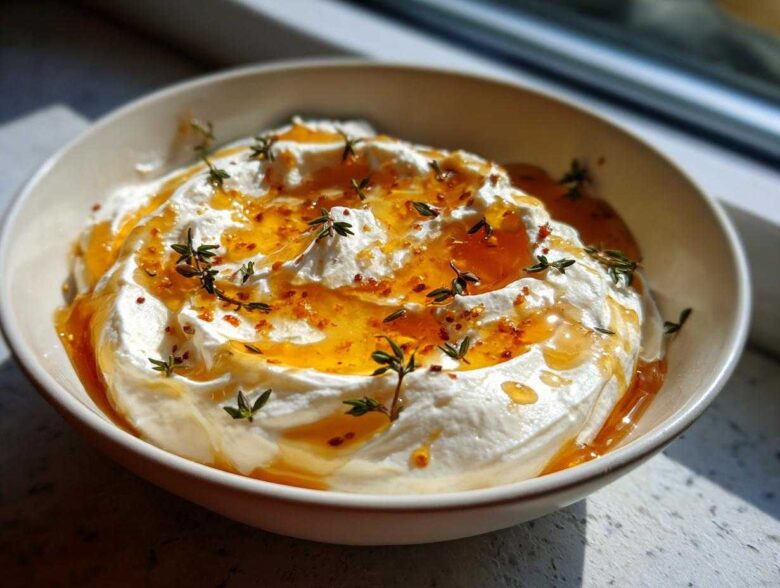 A close-up of a bowl filled with creamy ricotta dip drizzled generously with honey and garnished with fresh thyme sprigs.