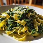 A close-up of creamy spinach pasta featuring fettuccine noodles coated in a light sauce and topped with grated Parmesan cheese.