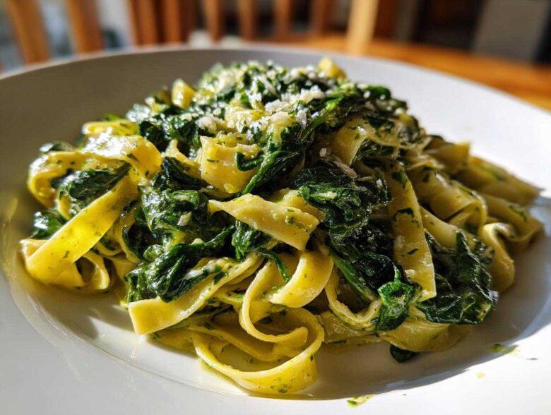 A close-up of creamy spinach pasta featuring fettuccine noodles coated in a light sauce and topped with grated Parmesan cheese.