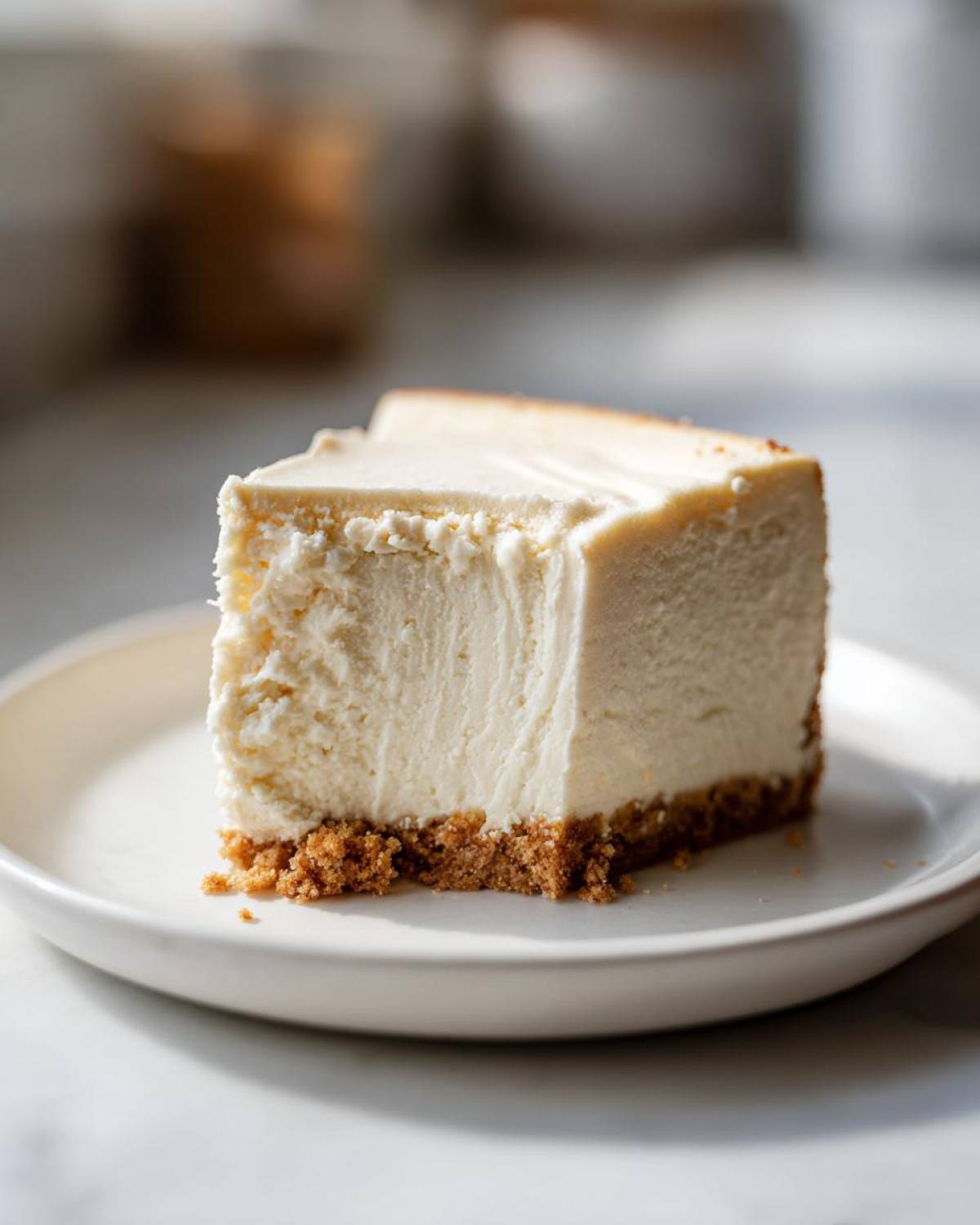 A thick, creamy slice of sugar cookie cheesecake resting on a white plate, showing the graham cracker crust.